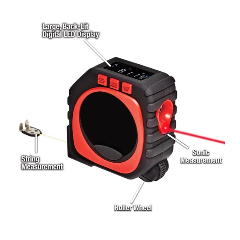 3-in-1 Digital Tape Measuring String Mode Sonic Mode Roller Mode.