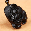 Natural Black Obsidian Carved Mother and Baby Elephant Necklace