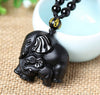 Natural Black Obsidian Carved Mother and Baby Elephant Necklace